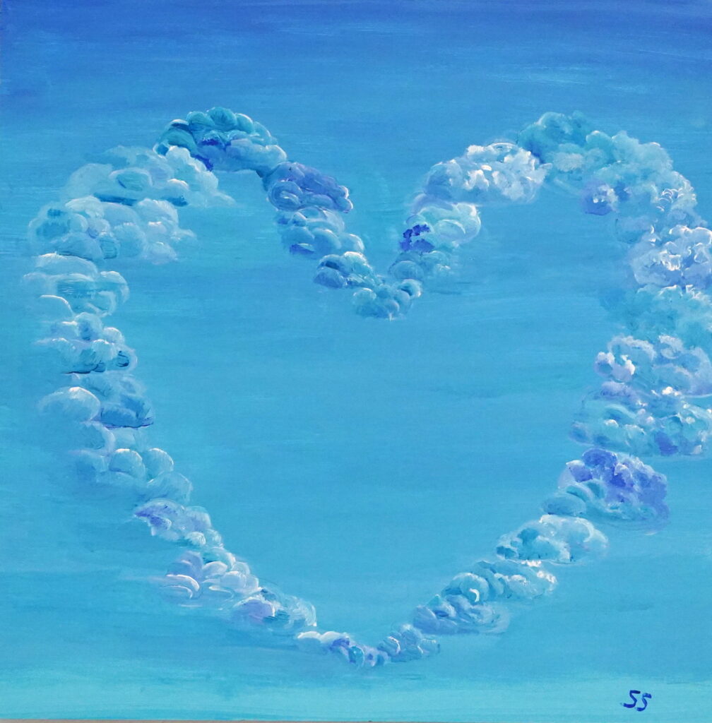 Contemplative

This painting signifies a mind-heart state of loving contemplation and the clear, empty sky of awareness. Individual loving thoughts are depicted as clouds, and the clouds as a whole form the shape of a heart.