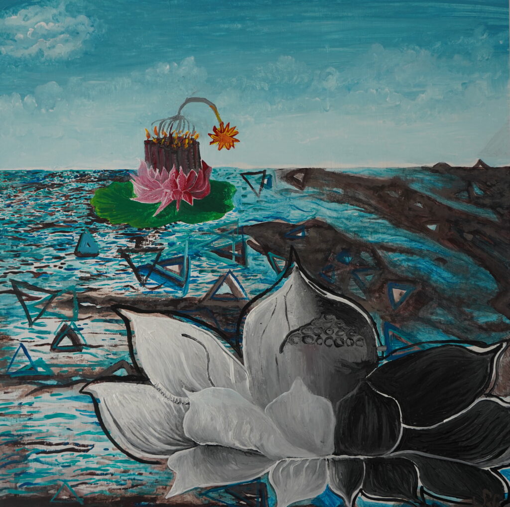 This painting depicts a red lotus gradually being carried out to sea by the ocean currents in a delta. Within the read lotus is dynamite. The dynamite signifies the bomb in our heart that is preventing us from being happy and living freely. In the foreground is a half black, half white lotus in which the dynamite has changed into the hair and top of the head of a buddha. There are blue and brown triangles, the greek letter delta, signifying change. The title of the painting is Change.