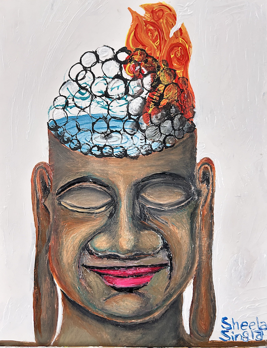 Inside are the Elements

This painting depicts a buddha with a view through the hair and skull to a more inner dimension. The inner dimension contains earth, water, fire, and air.