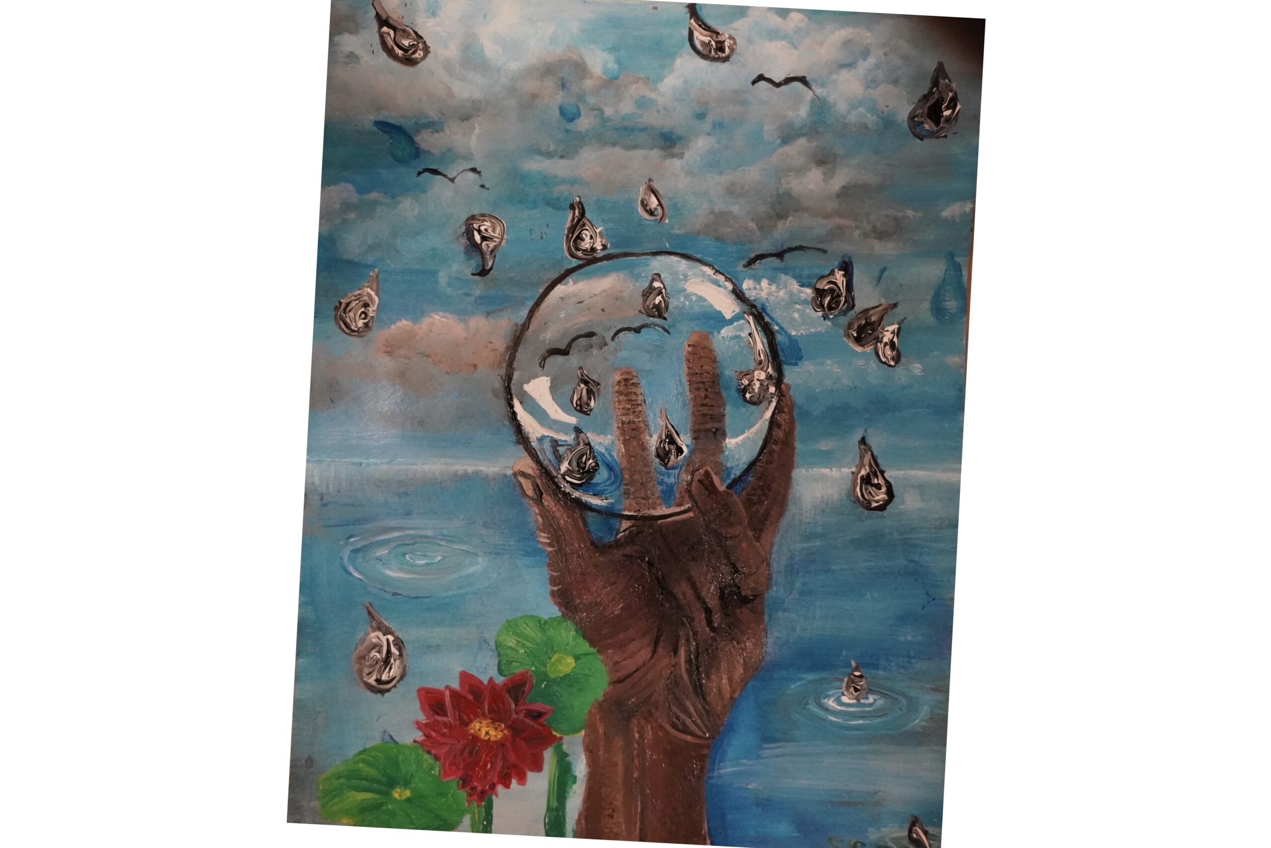 This painting signifies equanimity. In the middle ground is a dark-skinned hand with wrinkles depicted similarly to railroad tracks on the fingers. The hand is holding a clear, empty sphere. In the background is a blue lake, and in the sphere the water in the lake is shown refracted as viewed through the sphere curved at the edges and raised up a few percent of the sphere's radius. There is a red lotus in the foreground and black and white rain droplets falling from the sky.