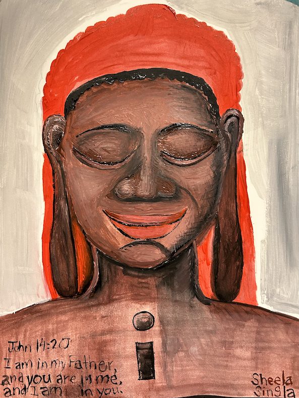 A painting of a dark-skinned buddha with a red head scarf. There is the letter I painted on the area of the buddha's chest, and the verse from the Bible John 14:20 is written: I am in my Father, and you are in me, and I am in you.